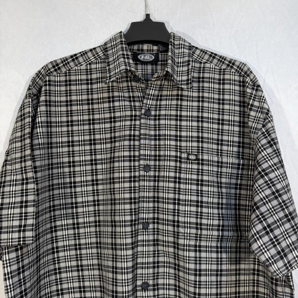 Men's Short Sleeve Button Up Shirt Black White Check Plaid Loose Fits XLT Rayon